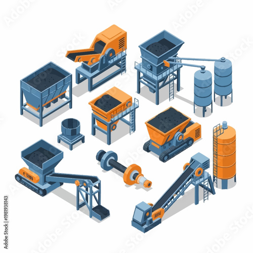 Isometric industrial equipment for mining and material processing, including crushers, conveyors, and silos.