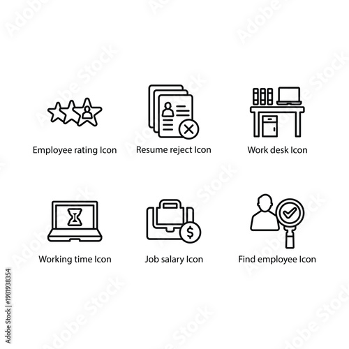 Employee rating, Resume reject, Work desk, Working time, Job salary, Find employee, icon