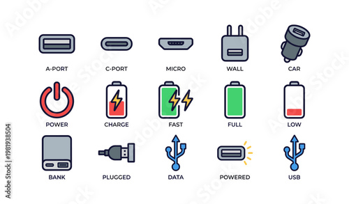 Various charging port icons with battery levels and power symbols