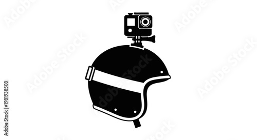 Black motorcycle helmet with action camera.