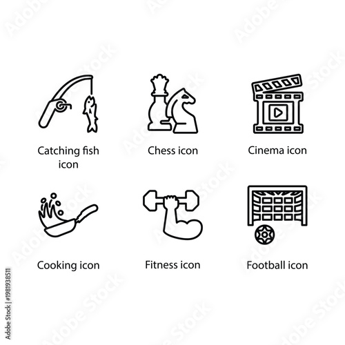 Catching fish, Chess, Cinema, Cooking, Fitness, Football, icon