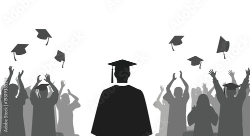 Silhouette of a happy graduate standing before a cheering crowd throwing their caps into the bright air