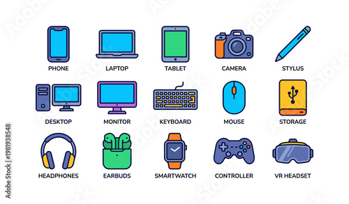 Colorful technology icons including laptop, tablet, camera, and accessories