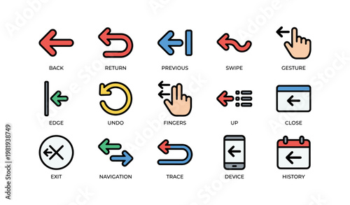 Colorful arrow and gesture icons for navigation and interface design