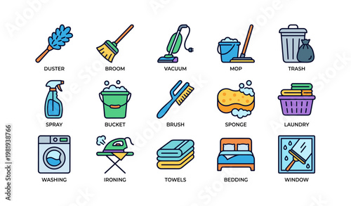 Colorful cleaning icons depicting various household chores and tools