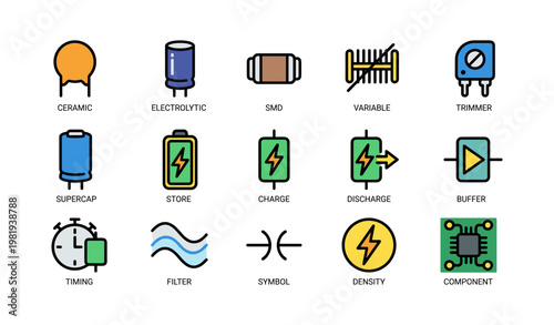 Electronic component symbols collection: capacitors, resistors, and more