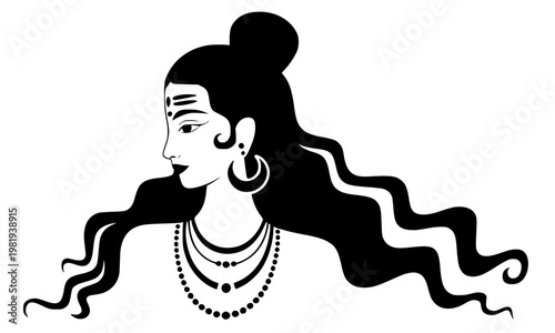Black silhouette profile portrait of Lord Shiva with long flowing hair, bun, earring, and beaded necklace, ideal for Hindu religious, spiritual, and Mahadev devotional designs
