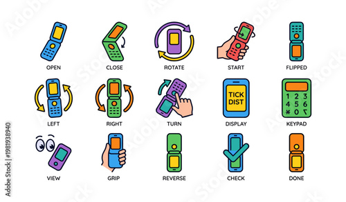 Colorful mobile phone icons illustrating various actions and features in a cartoon style