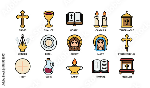 Illustrated icons of christian liturgical items and symbols