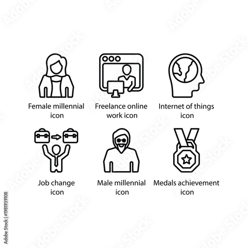 Female millennial, Online work, Internet of things, Job change, Male millennial, Medals achievement, icon