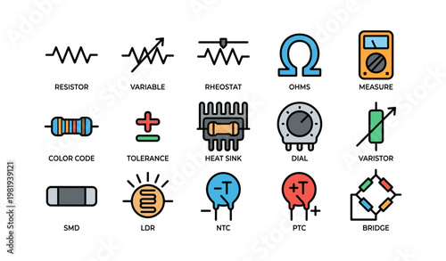 Diverse electrical component icons featuring resistor, capacitor, ohm, and more