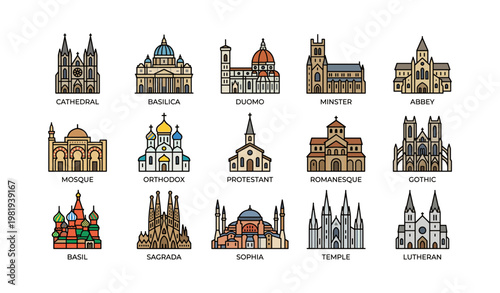 Iconic religious architectural styles: cathedral, basilica, mosque, sagrada familia, sophia
