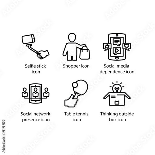 Selfie stick, Shopper, Social media, Social network, Table tennis, Thinking outside box, icon