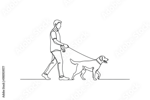 Minimalist Continuous Line Man Walking Dog Pet Lifestyle Scene Line Art Vector illustration.