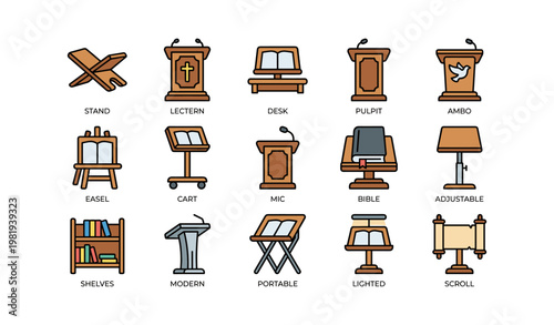 Collection of various podiums, lecterns, and stands with books and microphones