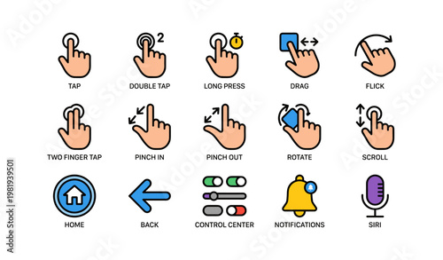 Icons depicting various touchscreen gestures and interface controls