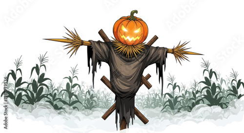 Scary Jack-o'-lantern Scarecrow in Cornfield - Halloween Autumn