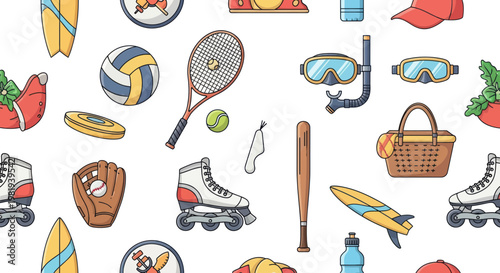 Summer Sports Equipment Pattern - Beach, Tennis, Rollerblading, Baseball, Diving