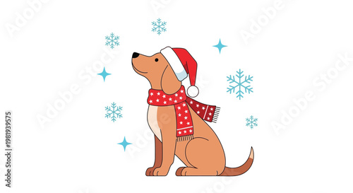Cute brown dog wearing a red santa hat and a matching scarf celebrates the festive winter holiday season