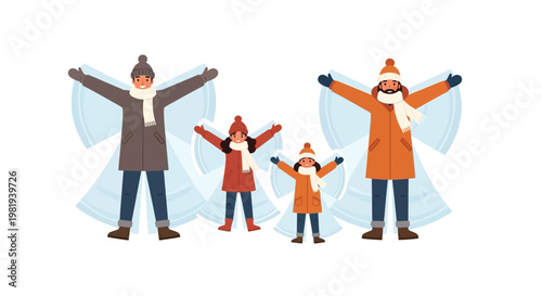 Happy family members bundled in warm winter attire joyfully making snow angels together in the fresh snow.