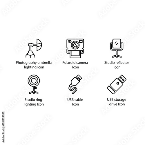 Umbrella lighting, Polaroid camera, Studio reflector, Ring lighting, USB cable, USB storage drive, icon