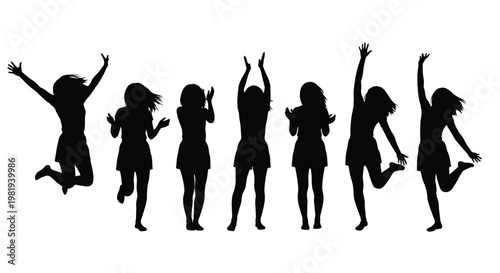 Diverse group of happy young women jumping and celebrating their success together in a black silhouette style