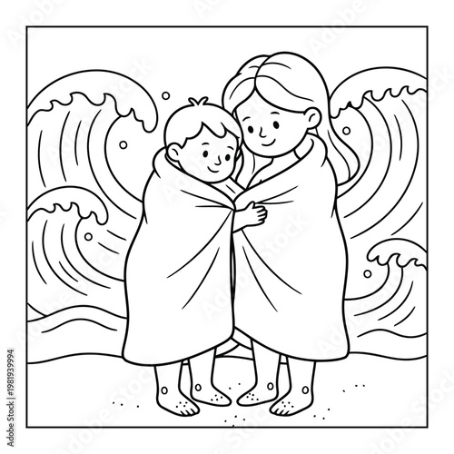 Mother and child hugging happily at home showing love and emotional bonding coloring page