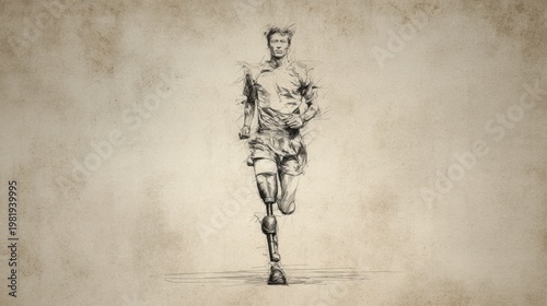 Sketch of a runner with a prosthetic leg against a textured background