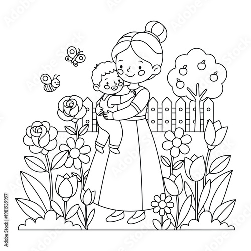 Mother and child hugging near a wooden fence in a peaceful outdoor garden setting coloring page