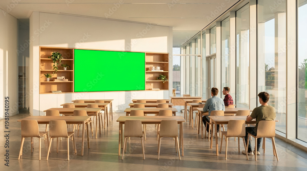 Fototapeta premium Bright modern classroom with wooden desks and chairs, a large green screen display, and large windows with natural light