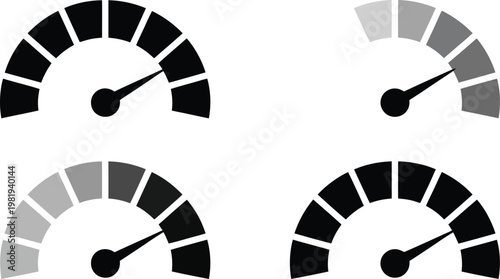 Four diverse speedometer icons displaying varying levels of measurement and performance for data analysis user interfaces