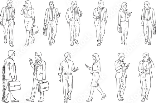 Business People Walking and Talking Line Art Set, Office Workers Outline Illustration Collection, Professional Men and Women Characters Sketch Vector Style