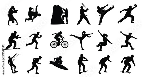 Dynamic silhouettes of men and women performing a wide array of sports and recreational activities.