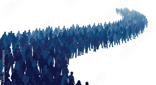 Large crowd of blue silhouettes walking in a long winding line across a plain white empty background
