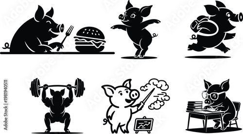Black and white cartoon pigs performing various activities eating exercising