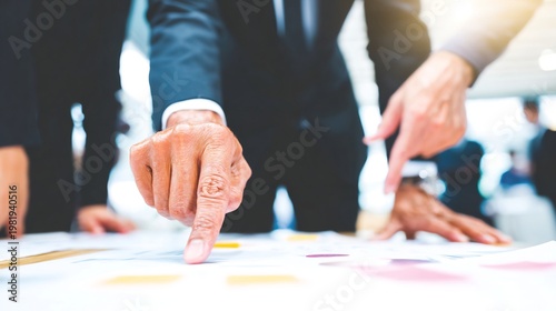 Problem solving leadership teamwork executive pointing toward document while guiding team solution no faces visible meeting room setup soft ambient light structured composition