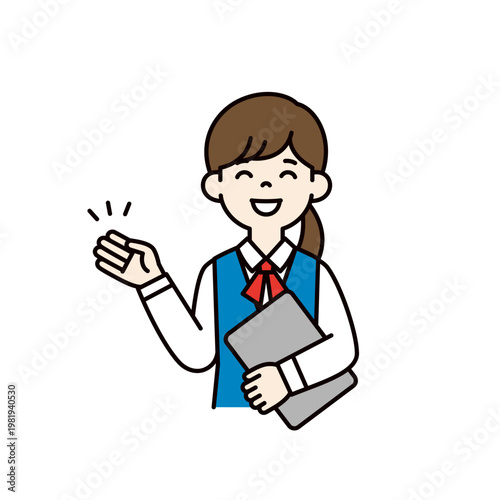 ラップトップを持って笑顔で案内・紹介する、若い女性社員・受付の上半身ベクターイラスト素材