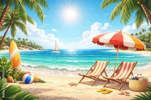Tropical Beach Paradise Illustration with Sunny Sky and Relaxing Summer Vacation Scene