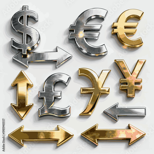 Create a realistic kinds of deferent Metal currency symbols and arrows vector art with white background..