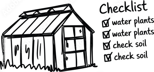 Greenhouse structure with a gardening maintenance checklist for watering plants and checking soil health regularly