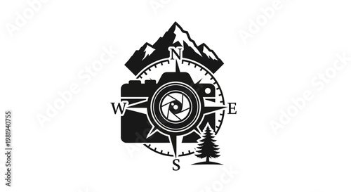 Black compass with mountain icon symbol.