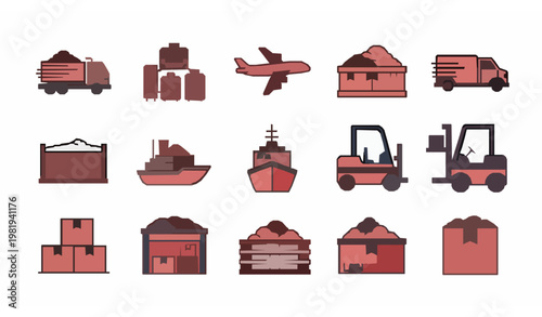 Cargo filled icon set with truck plane van and logistics delivery symbols for transport and shipping design