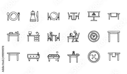 Minimal table outline icons pack including dining furniture and game tables for modern interface design