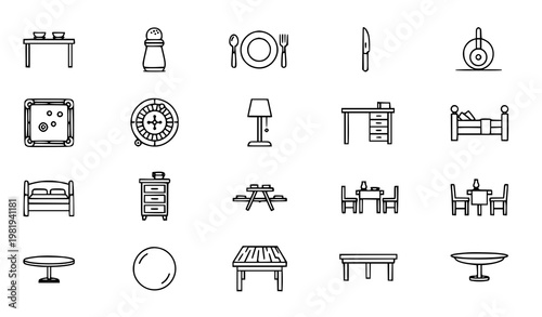 Table outline icon set with furniture dining and game table symbols for web and mobile UI design