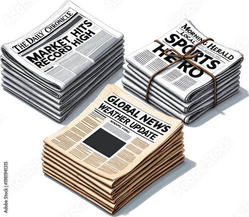 Create a realistic kinds of deferent Stack of newspaper vector art with white background.