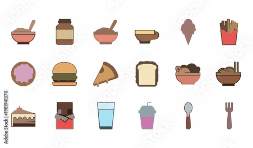Tasty filled icon set with food bowl ice cream fries donut and drink symbols for UI and app design
