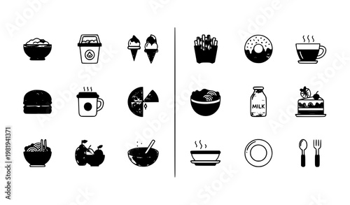 Minimal tasty filled food icons pack with snacks desserts and drinks for modern UI design