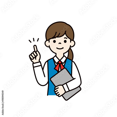 ノートパソコンを持ってポイントを説明する、OL・受付・事務員の上半身ベクターイラスト素材