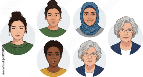 Create a realistic kinds of deferent woman with chapped lips vector art with white background..