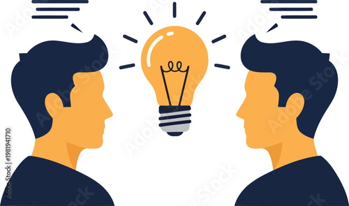 Creative idea, teamwork concept, lightbulb moment, business inspiration, vector illustration